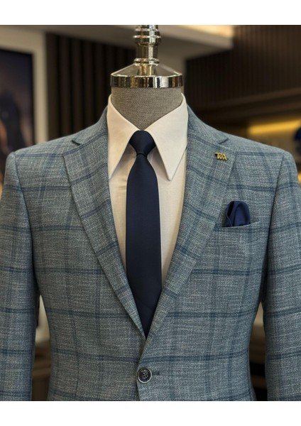 klasik kesim regular fit mono yaka ekose erkek ceket lacivert T12505 fiyatları