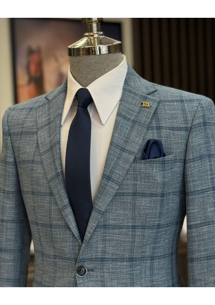 klasik kesim regular fit mono yaka ekose erkek ceket lacivert T12505 modelleri