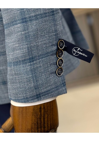 klasik kesim regular fit mono yaka ekose erkek ceket lacivert T12505 indirimleri