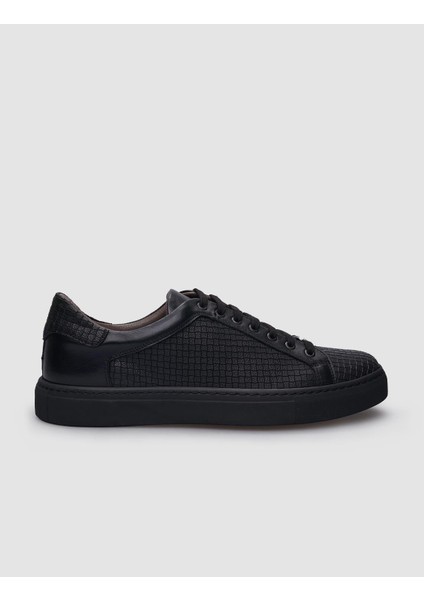 Deri Siyah Bağcıklı Desenli Erkek Sneaker