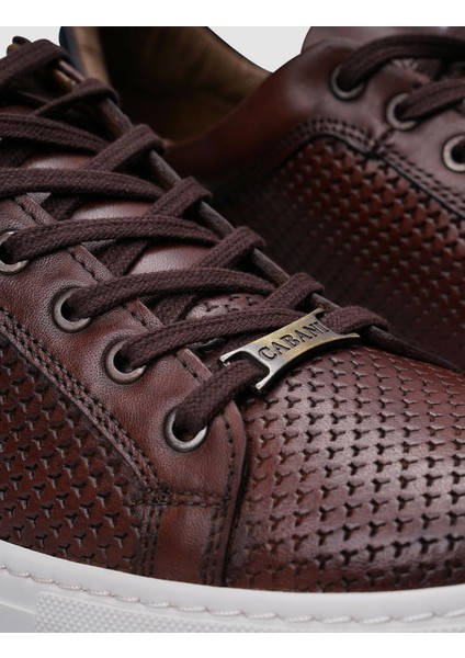 %100 Hakiki Deri Kahverengi Bağcıklı Desenli Erkek Sneaker