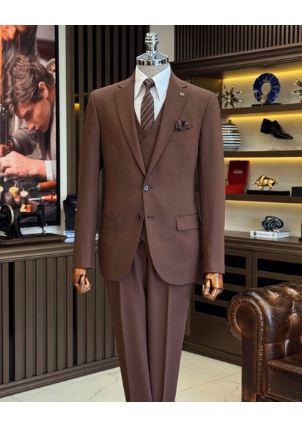 Klasik Kesim Regular Fit Ceket Yelek Pantalon Takım Elbise Kahverengi T12253