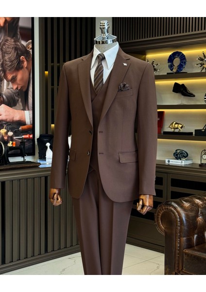 Klasik Kesim Regular Fit Ceket Yelek Pantalon Takım Elbise Kahverengi T12253