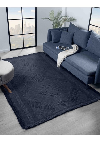 Antique Spt Dark Blue - Dört Tarafı Saçaklı Pamuklu Yıkanabilir Kilim