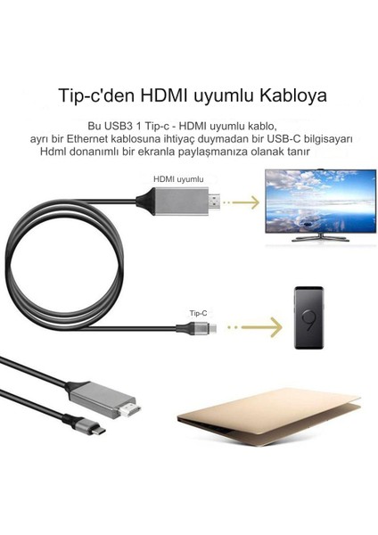 Type-C To 4K Ultra Full Hd Hdmı Usb-C Tak Çalıştır Görüntü Aktarım Kablosu-2m