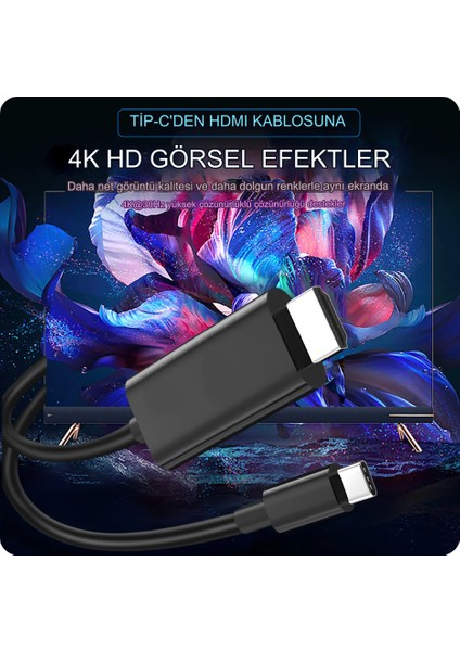 Type-C To 4K Ultra Full Hd Hdmı Usb-C Tak Çalıştır Görüntü Aktarım Kablosu-2m