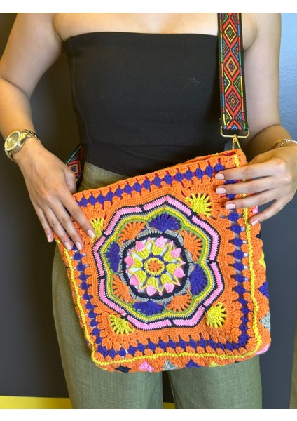 El Örgüsü Mandala ve Motif Modelli Etnik Kadın Çanta 35X32 cm