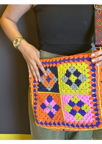El Örgüsü Mandala ve Motif Modelli Etnik Kadın Çanta 35X32 cm