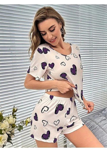 Ceylin Moda Ceylinmoda Kadın Kısa Kollu Bisiklet Yaka Kalp Baskılı Alt Üst Süprem Takım