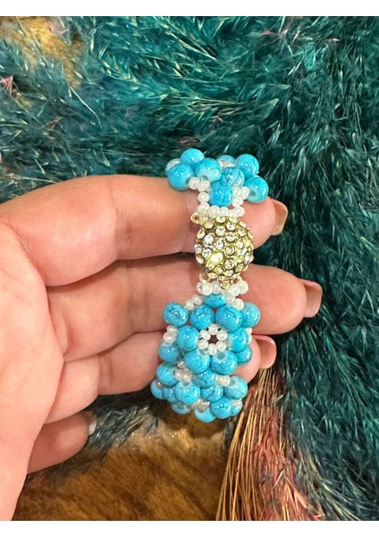Turkuaz Taşlı Çiçekli Tasarım Çocuk Bileklik 15X2 cm
