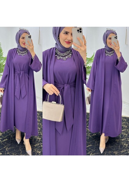 Premium Dubai Krep Kumaş Iç Elbise ve Dış Kap Ikili Kadın Takım