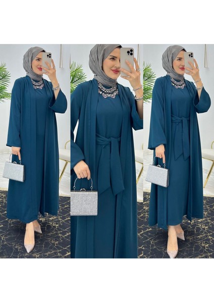 Premium Dubai Krep Kumaş Iç Elbise ve Dış Kap Ikili Kadın Takım