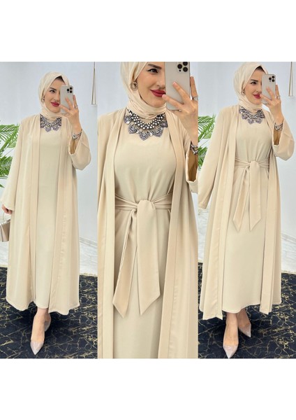 Premium Dubai Krep Kumaş Iç Elbise ve Dış Kap Ikili Kadın Takım