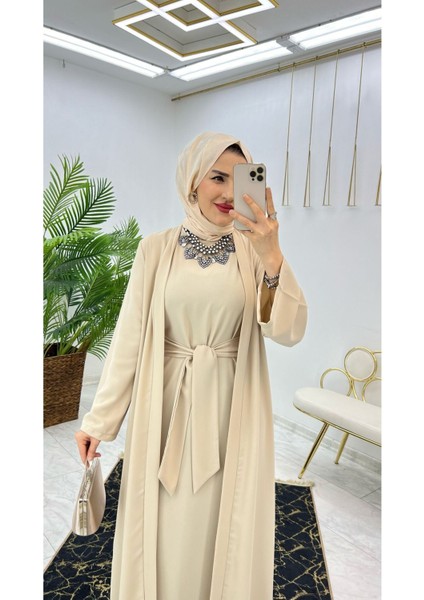 Premium Dubai Krep Kumaş Iç Elbise ve Dış Kap Ikili Kadın Takım modelleri