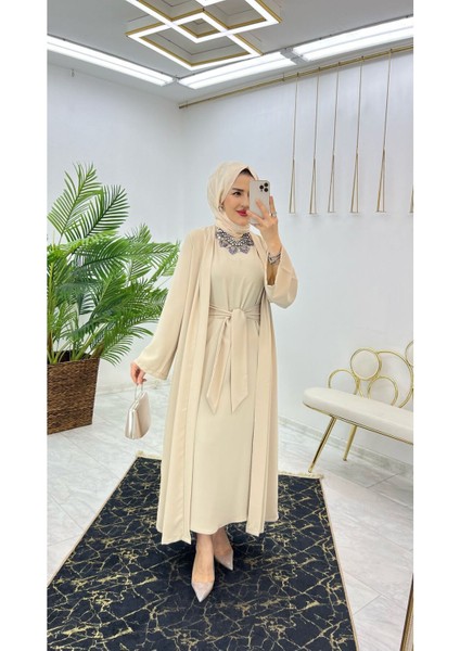 Premium Dubai Krep Kumaş Iç Elbise ve Dış Kap Ikili Kadın Takım fırsatları