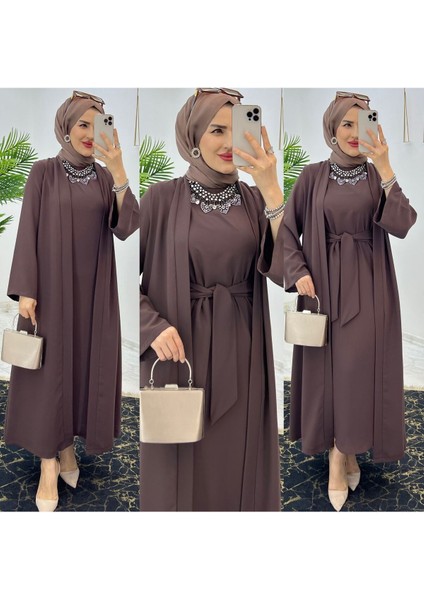 Premium Dubai Krep Kumaş Iç Elbise ve Dış Kap Ikili Kadın Takım