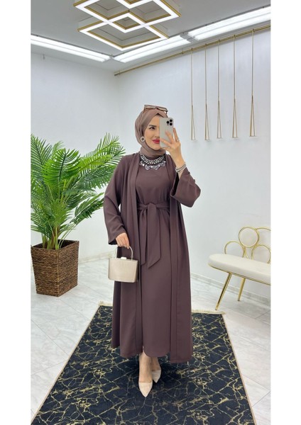 Premium Dubai Krep Kumaş Iç Elbise ve Dış Kap Ikili Kadın Takım modelleri