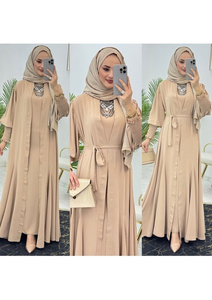 Birinci Kalite Medine Ipeği Kumaştan Kemerli Abaya ve Içlik Elbise Şahane Ikili Takım