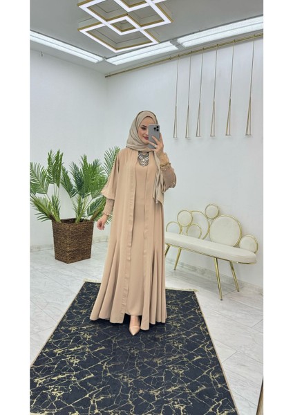 Birinci Kalite Medine Ipeği Kumaştan Kemerli Abaya ve Içlik Elbise Şahane Ikili Takım fiyatları