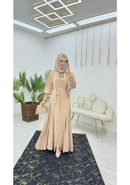 Birinci Kalite Medine Ipeği Kumaştan Kemerli Abaya ve Içlik Elbise Şahane Ikili Takım modelleri