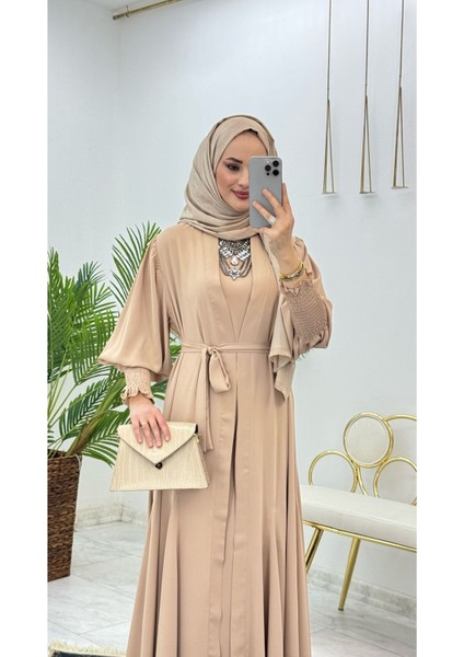 Birinci Kalite Medine Ipeği Kumaştan Kemerli Abaya ve Içlik Elbise Şahane Ikili Takım fırsatları