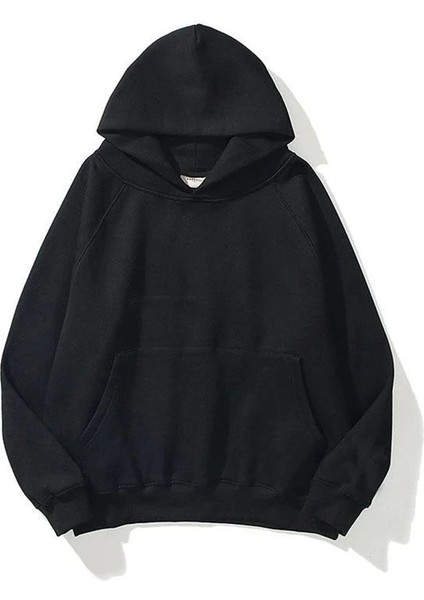 Kadın Siyah Kanguru Cepli Kapüşonlu 3 Iplik Şardonlu Sweatshirt