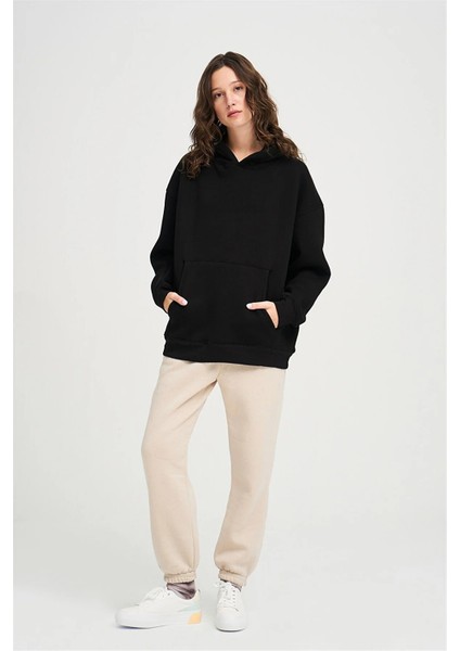 Kadın Siyah Kanguru Cepli Kapüşonlu 3 Iplik Şardonlu Sweatshirt modelleri