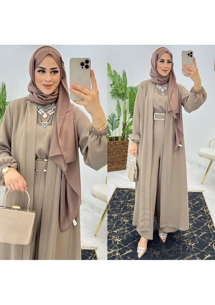 Birinci Sınıf Premium Çift Taraflı Dubai Krep Kumaş Tulumlu Abaya Takım