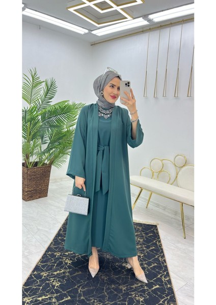 Premium Dubai Krep Kumaş Iç Elbise ve Dış Kap Ikili Kadın Takım