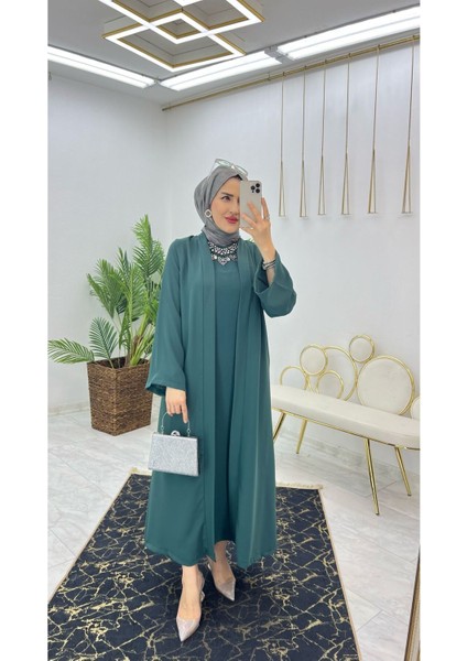 Premium Dubai Krep Kumaş Iç Elbise ve Dış Kap Ikili Kadın Takım modelleri