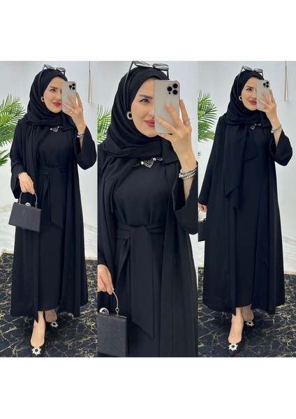 Premium Dubai Krep Kumaş Iç Elbise ve Dış Kap Ikili Kadın Takım