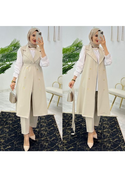 Duble Krep Kumaş Pantolon ve Uzun Yelek Kadın Ikili Takım
