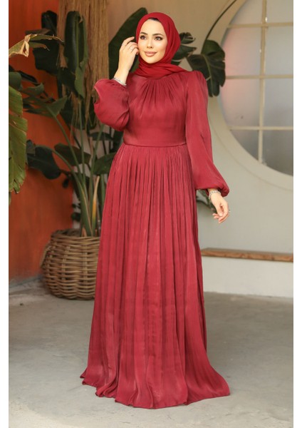 Balon Kol Bordo Tesettür Abiye Elbise 45191BR