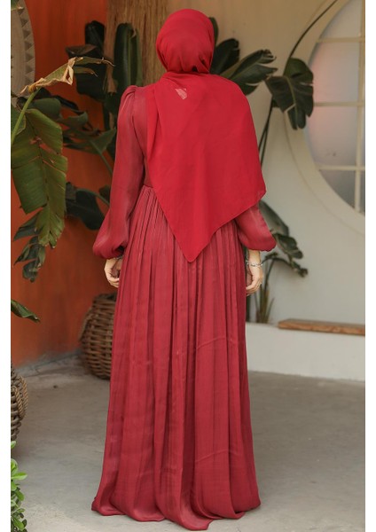 Balon Kol Bordo Tesettür Abiye Elbise 45191BR fiyatları