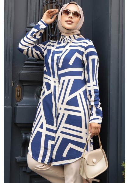 Desenli Lacivert Tesettür Viskon Tunik 11666L fiyatları