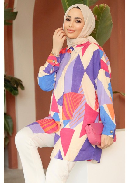 Desenli Lila Tesettür Tunik 11682LILA