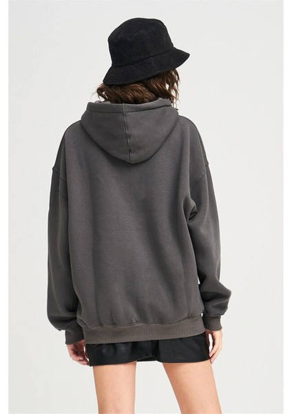 Kadın Füme Kanguru Cepli Kapüşonlu 3 Iplik Şardonlu Sweatshirt