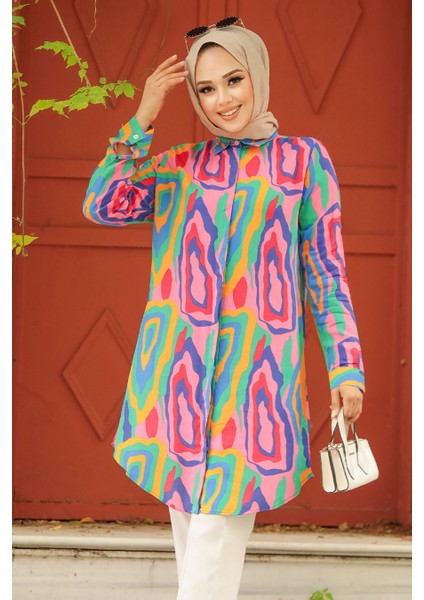 Desenli Pembe Tesettür Tunik 11679P