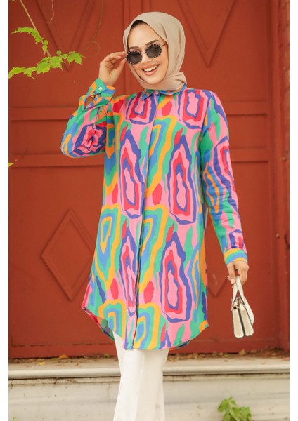 Desenli Pembe Tesettür Tunik 11679P