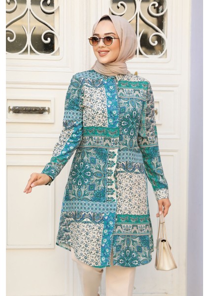Desenli Çağla Yeşili Tesettür Tunik 11699CY