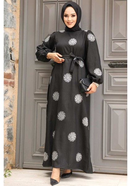 Çiçek Desenli Gümüş Tesettür Elbise 30442GMS