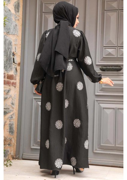 Çiçek Desenli Gümüş Tesettür Elbise 30442GMS