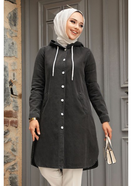 Kapşonlu Siyah Tesettür Kot Kap 19117S