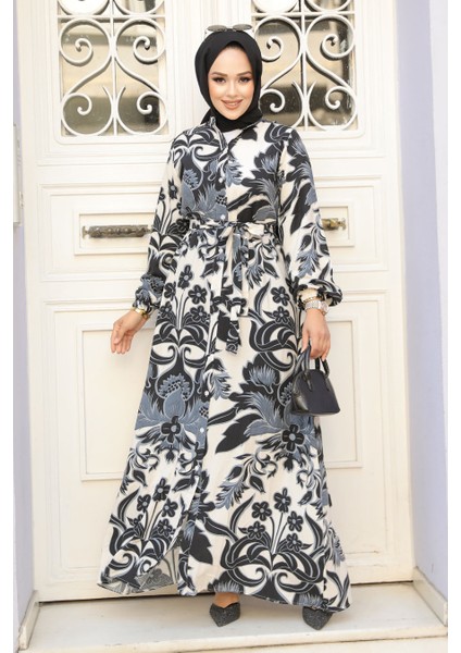 Desenli Siyah Tesettür Elbise 90061S