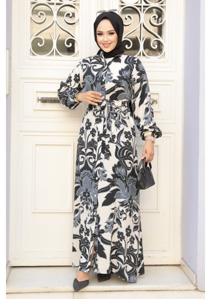 Desenli Siyah Tesettür Elbise 90061S fiyatları