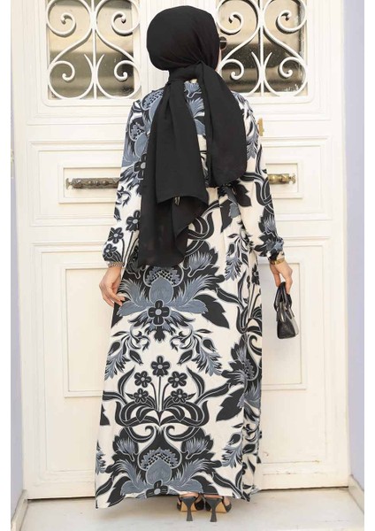 Desenli Siyah Tesettür Elbise 90061S modelleri