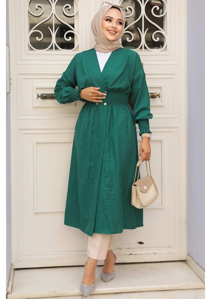 Düğme Kapamalı Zümrüt Yeşili Tesettür Kap 11872ZY