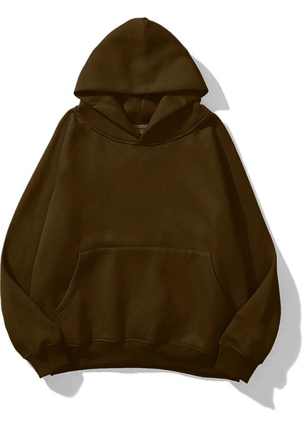 Kadın Kahverengi Kanguru Cepli Kapüşonlu 3 Iplik Şardonlu Sweatshirt