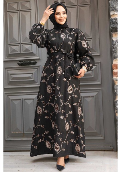 Çiçek Desenli Bakır Tesettür Elbise 30441BKR