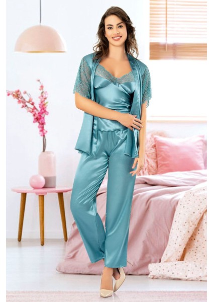 Saten Dantel Detaylı Sabahlık'lı 3 Lü Pijama Takım 4909 Mavi